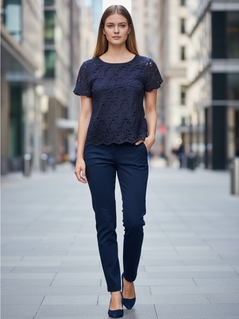 Talbots Navy Lace Overlay Top Embroidered Floral Side Zip Size 14